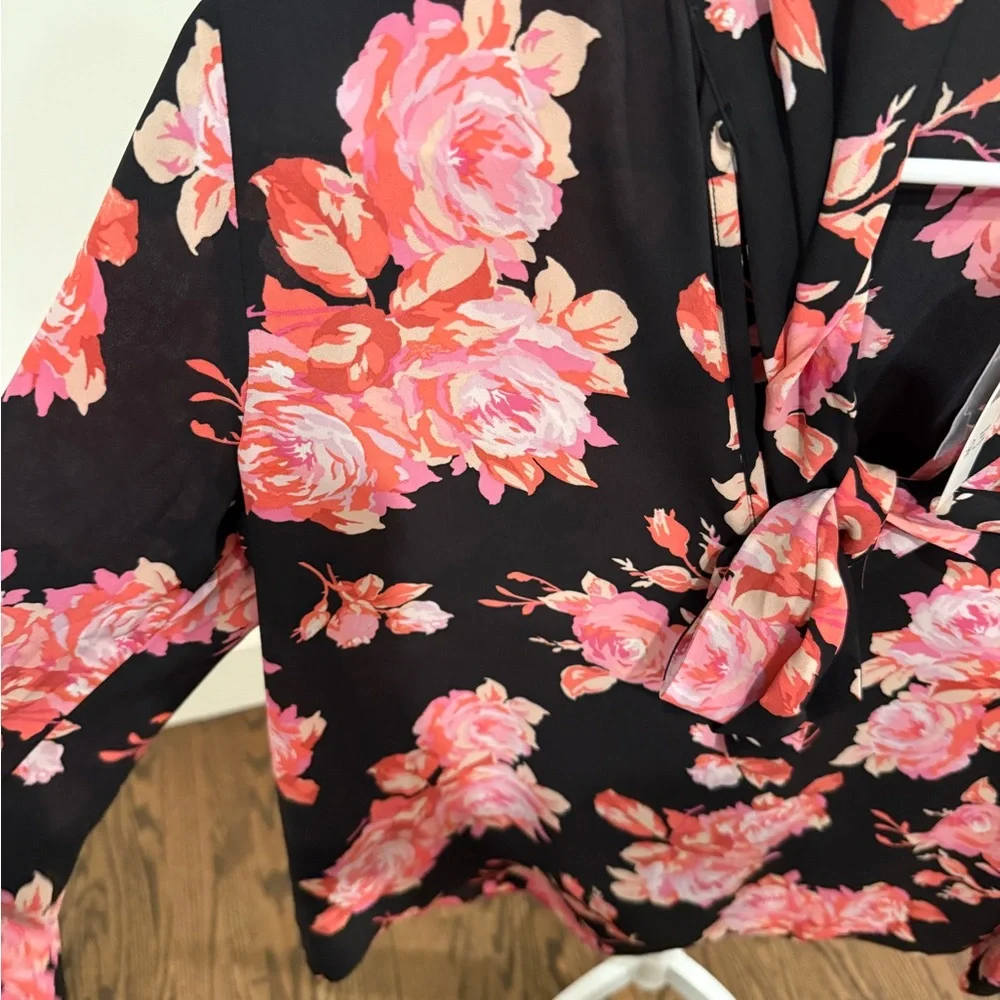J. Crew Black Pink Floral Long Sleeve Tie Neck Blouse